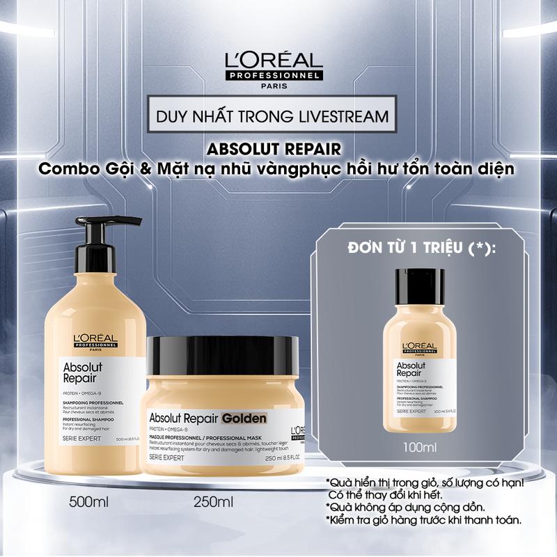 [L'Oréal Professionnel] Combo Dầu gội 500ml & Mặt nạ nhũ vàng 250ml phục hồi tóc hư tổn L'Oréal Professionnel Serie Expert Absolut Repair Gold Hữu cơ