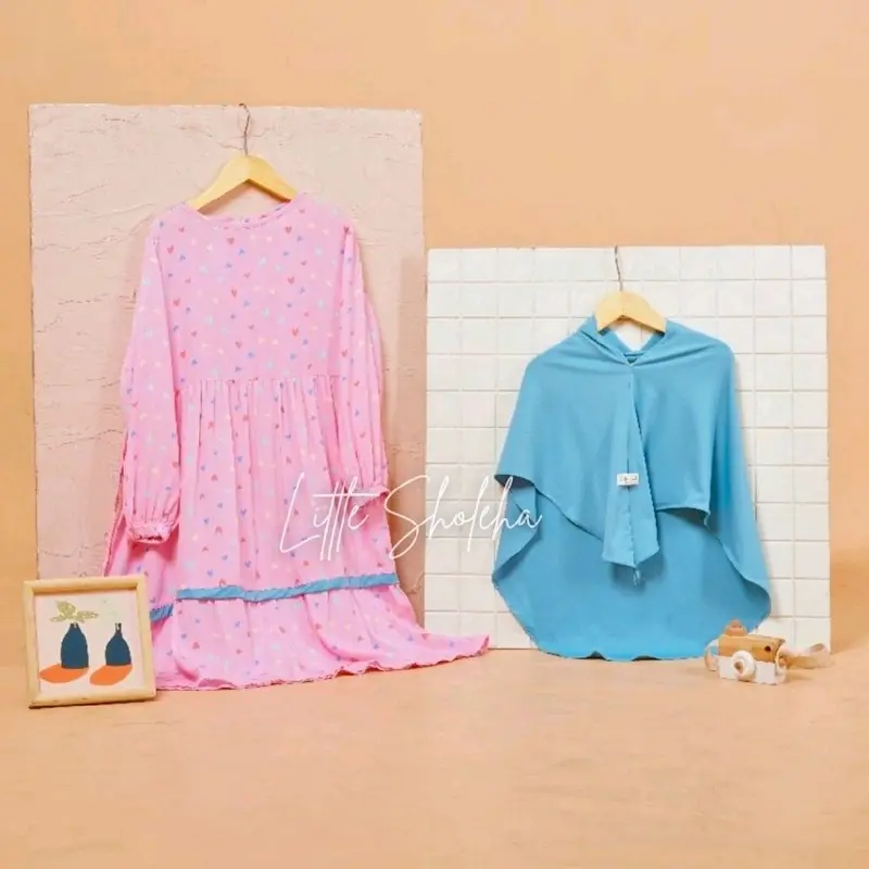 Gamis anak perempuan gamis lebaran set hijab motif Dress Cantik Muslim Katun 1