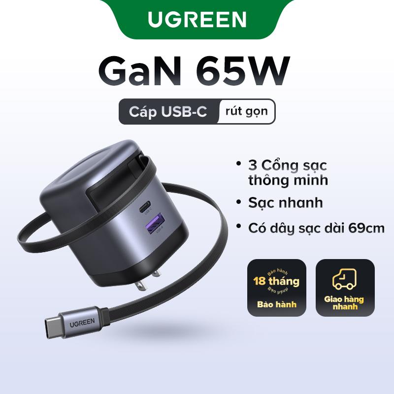 【cáp có thể thu vào】UGREEN, 45W/65W USB-A USB-C Bộ Sạc GaN, Gập Gọn, Cáp USB-C Có Thể Thu Vào 69cm, Dây Có Thể Kéo Dài, Sạc Nhanh PPS, Compatible With iPhone 17 Pro Max, 16, 15, Samsung S25 Series, Model: 65310