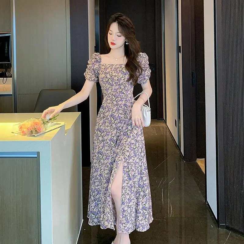 French square neckline bubble sleeve floral mid length dress for women in summer 2023, new waistband split A-line skirt trend
