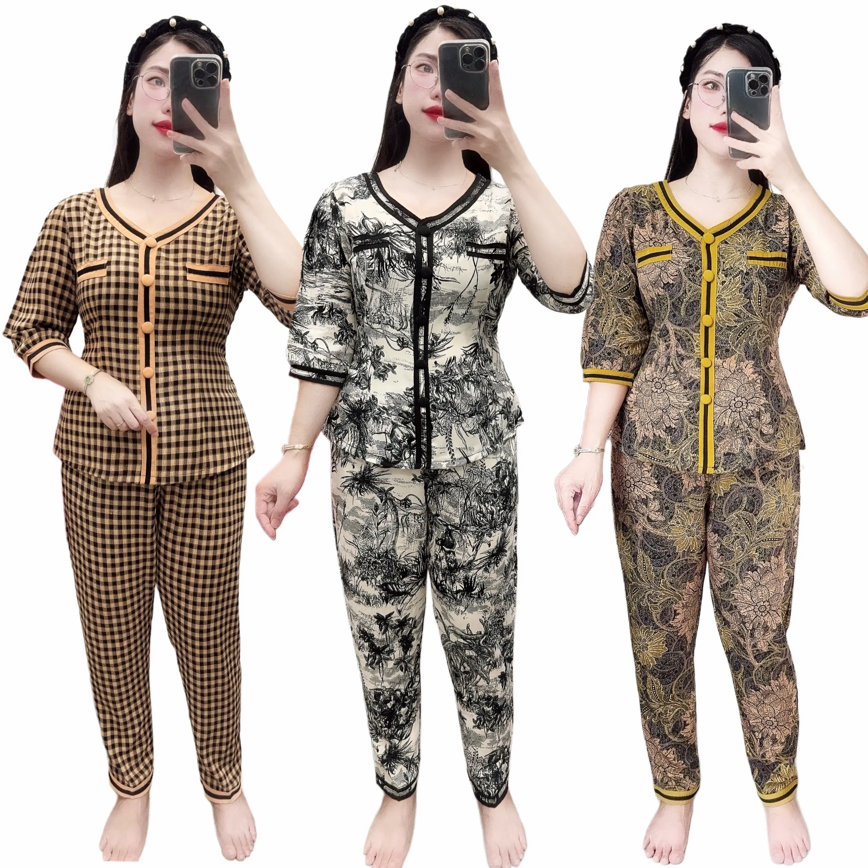 Set Đồ Mặc Nhà Cho Nữ, Áo Tay Lỡ Quần dài,Cổ Y Sang Chẳn, Chất Vải Mịn Mát