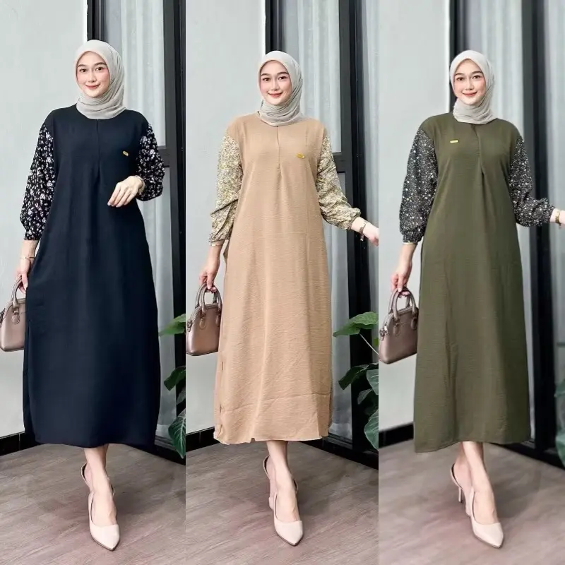 Paket Daster 3 Pcs  Gamis Crinkle Airflow Ld 120 Pb 130 Kombinasi Lengan Motif 6