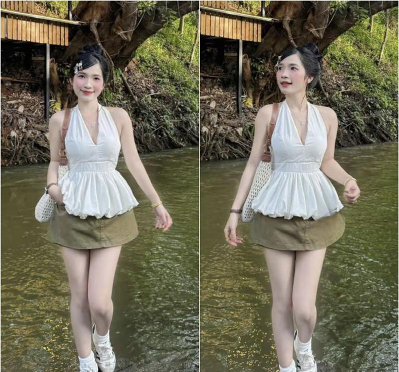  Sét áo bí lụa cổ yếm kèm chân váy kaki ngắn trẻ trung hottrend  có mút có lót quần  