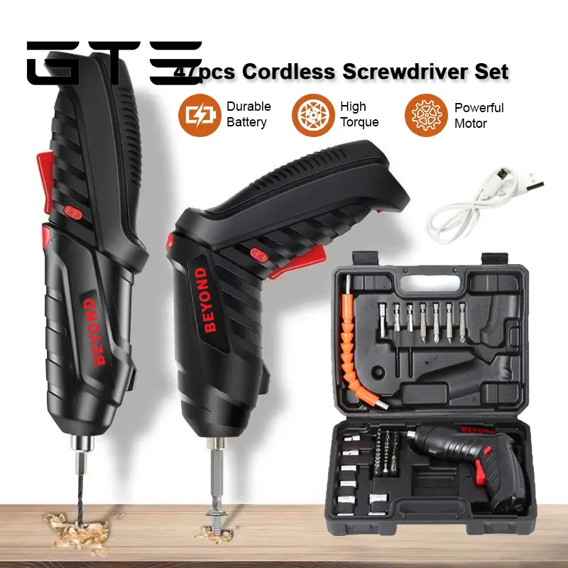GTE 47pcs 3.6V LED Light Rechargeable Cordless Electric Screwdriver Repair Drilling Set With Tool Box