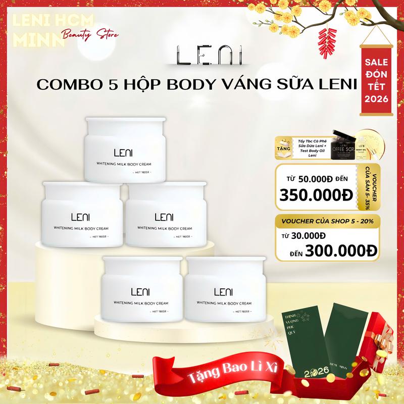  COMBO 5 Hộp Kem Body Váng Sữa Leni Dưỡng Trắng Da Mịn Màng  Tặng 2 Tay tbc 2 test oil  - Dưỡng Body Dưỡng Da Body 