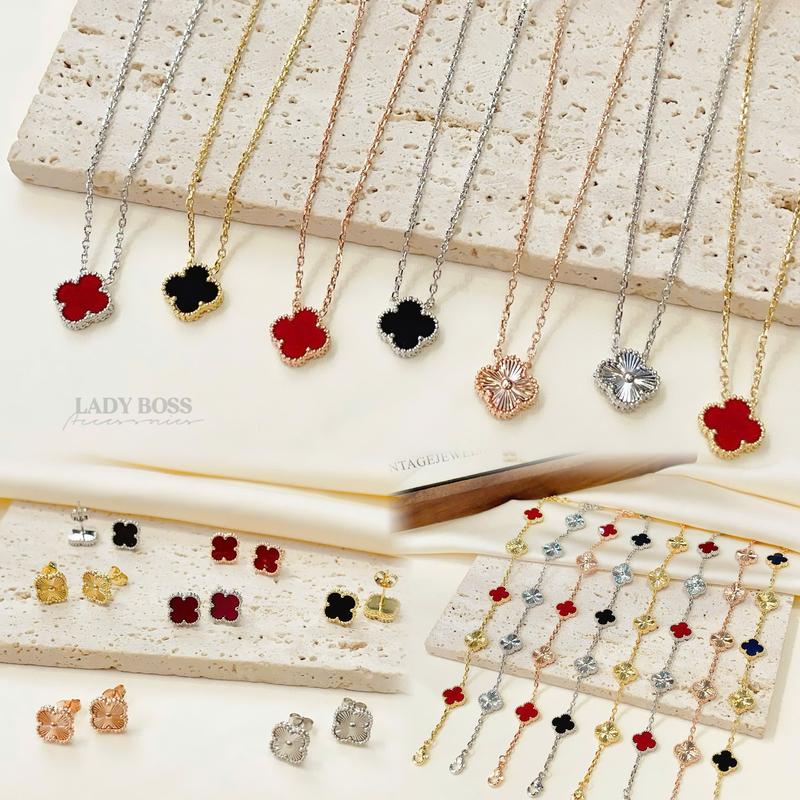 [Size 1.1cm] Bộ Trang Sức Lắc Tay, Dây Chuyền Và Bông Tai Cỏ 4 Lá 11mm, Bộ Phụ Kiện Cỏ Bốn Lá Cho Nữ Chất Liệu Titan Size Nhí 1.1cm Cắt Phay Lady Boss Accessories