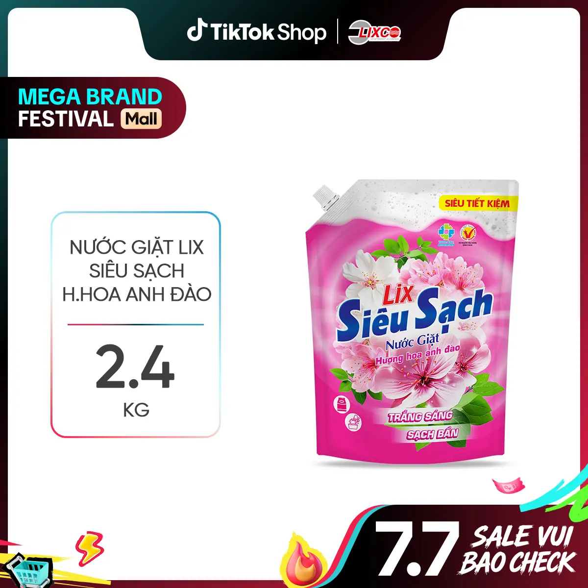 Nước giặt Lix Siêu sạch hương hoa anh đào túi 2.4Kg N2503 làm sạch cực nhanh vết bẩn, lưu hương dài lâu