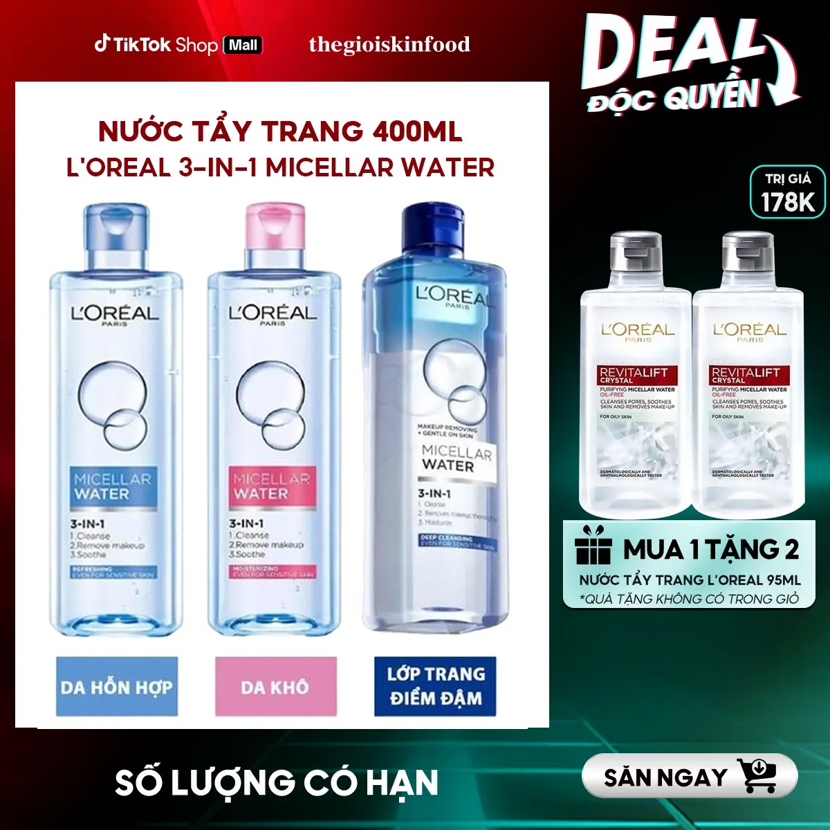 [MUA 1 TẶNG 2] Nước Tẩy Trang L'Oreal 3-in-1 Micellar Water Cosmetic Mỹ Phẩm