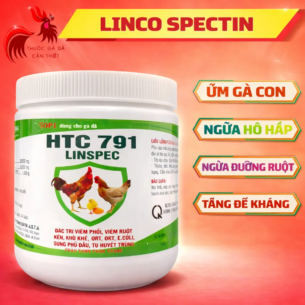 Linco Spectin HTC 791 Phòng Tụ huyết trùng ,khò khè ,sưng mắt phù đầu ,cảm cúm ,phân xanh trắng (hủ 100g)