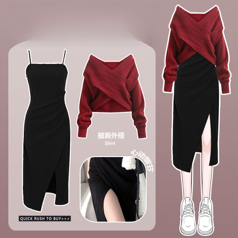 Product Introduction of Oversized Fat Sister Autumn Set for Women 2023 New Knitted Sweater Sweater for Women Slim Slim Drop Dress Two Piece Set 5