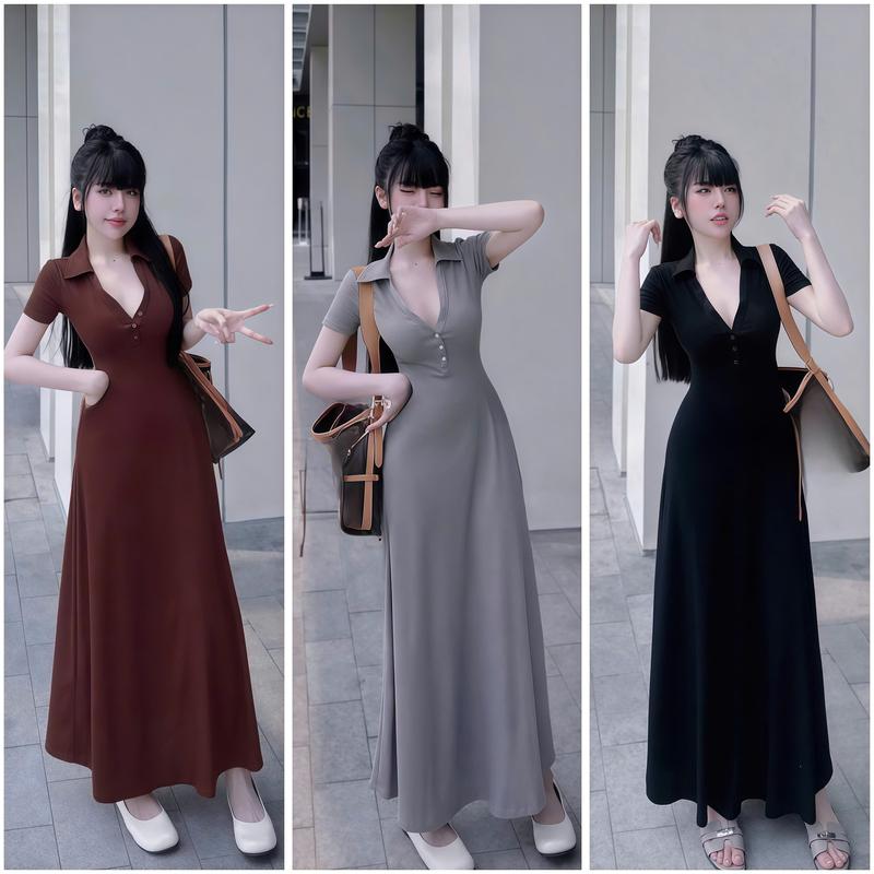 Đầm Body Dáng Dài Xòe Cổ Sơ Mi Đính Nút Thun Gân Tăm Tay Ngắn Dễ Thương Thanh Lịch Đầm Đi Làm Đi Tiệc_Đầm Xinh Dự Tiệc Cưới, Váy Body, Váy Body Nữ