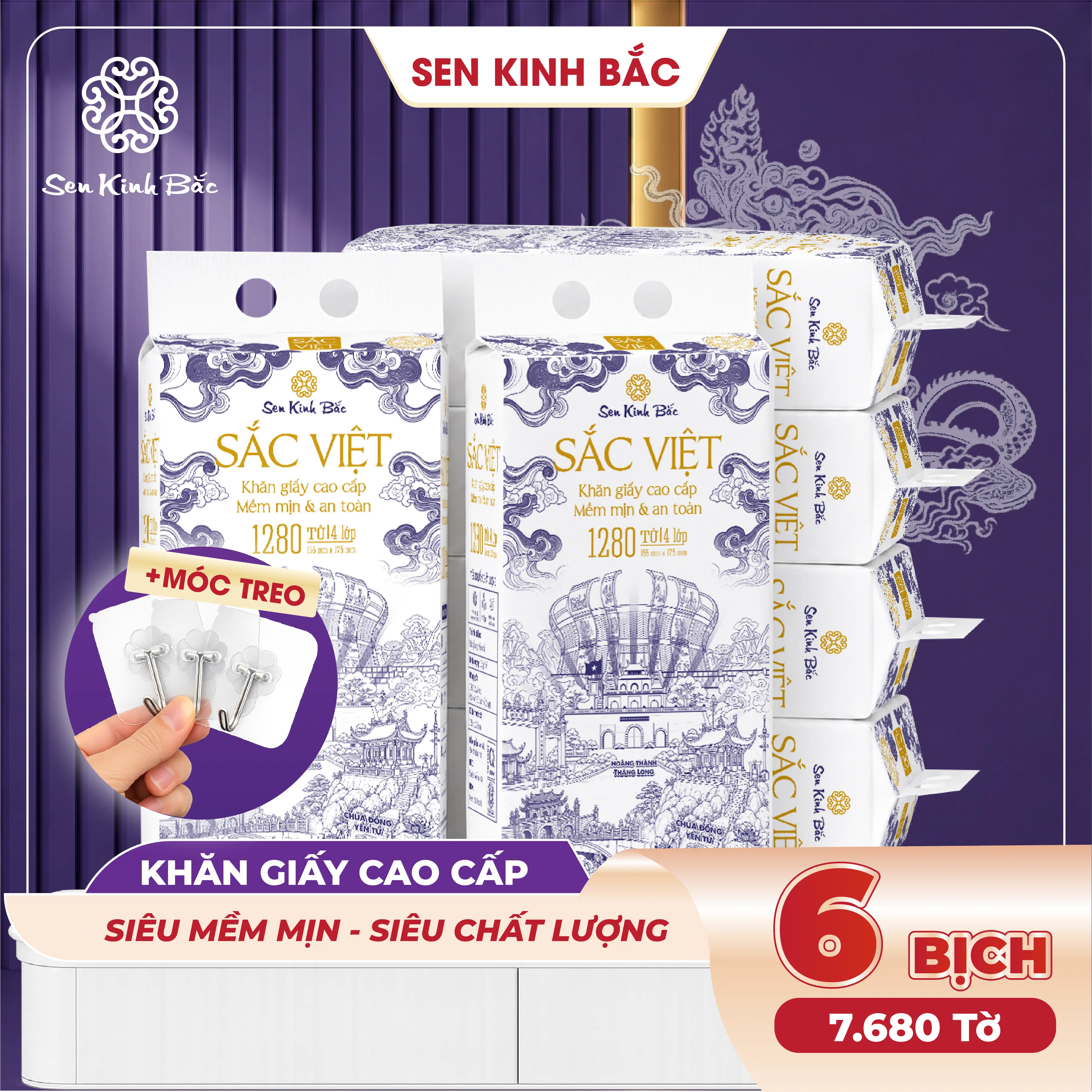 [ THÙNG 6 BỊCH - SIZE SIÊU TO ] Giấy Treo Tường SẮC VIỆT 1280 Tờ 320 Lần Rút - 4 Lớp Mềm Mịn, Kích Thước 175*155mm, Thương Hiệu Sen Kinh Bắc - Thành Phần Bột Gỗ Tự Nhiên 100% , An Toàn Lành Tính