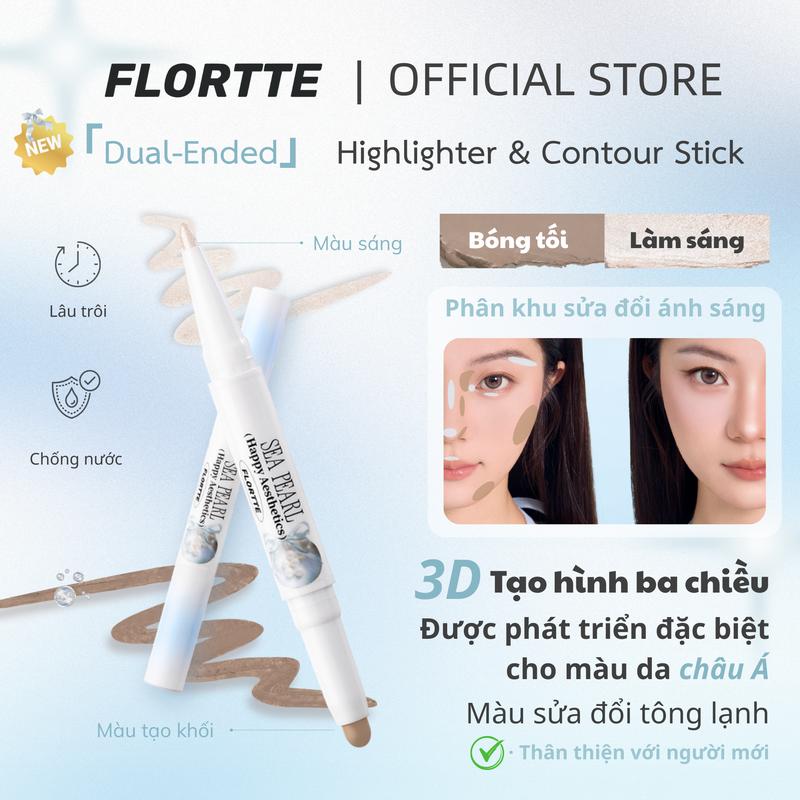 FLORTTE Glass Sea Collection Dual-Ended Highlighter & Contour Stick —— Cây bút hai đầu tạo khối khuôn mặt 3D,Hai màu,Hiệu ứng lì tự nhiên,Định vị chính xác dễ dàng tạo hình