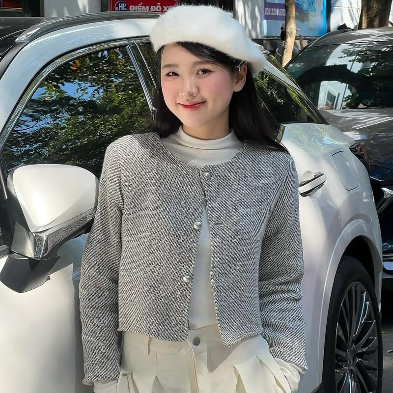  Áo Khoác Dạ Tweed Nữ Dáng Ngắn Cổ Tròn Họa Tiết Vintage Hàn Quốc Thời Trang Thu Đông Kimee - KA651 