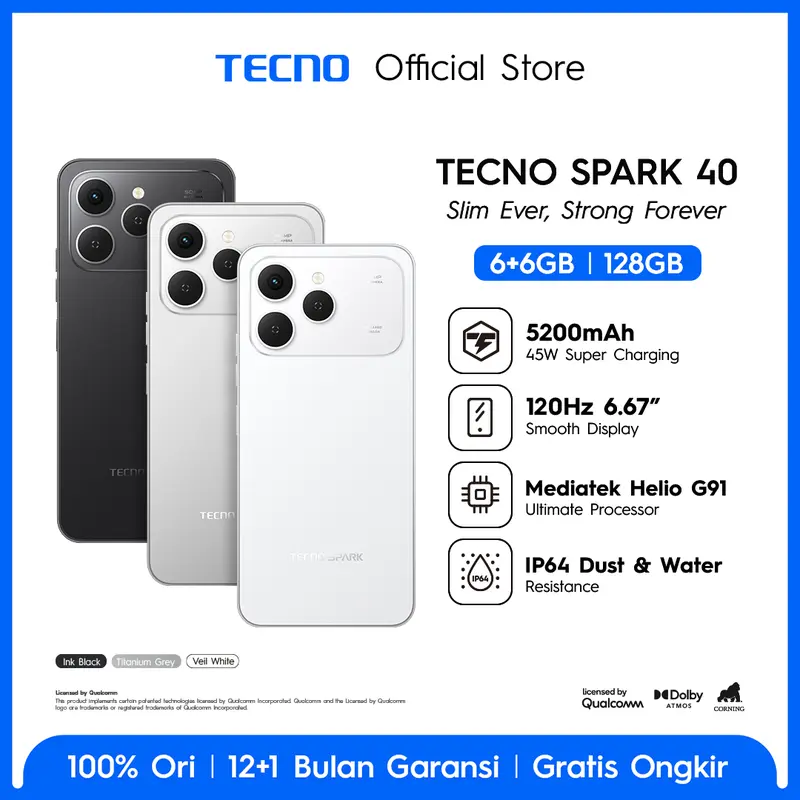 TECNO SPARK 40 - 6+6GB*/128GB, 6.67" LCD 120Hz Smooth Display, Helio G91, 5200mAh + 45W Flash Charge, IP64, Android 15, spark40