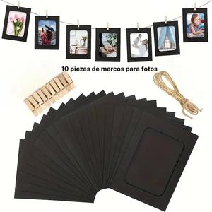 Incluye 10 marcos de fotos de papel y 10 clips y 1 cuerda de cáñamo, Marco de fotos negro vintage para colgar de piel de vacuno, Banderín con clip de cuerda para decoración del hogar y fiestas