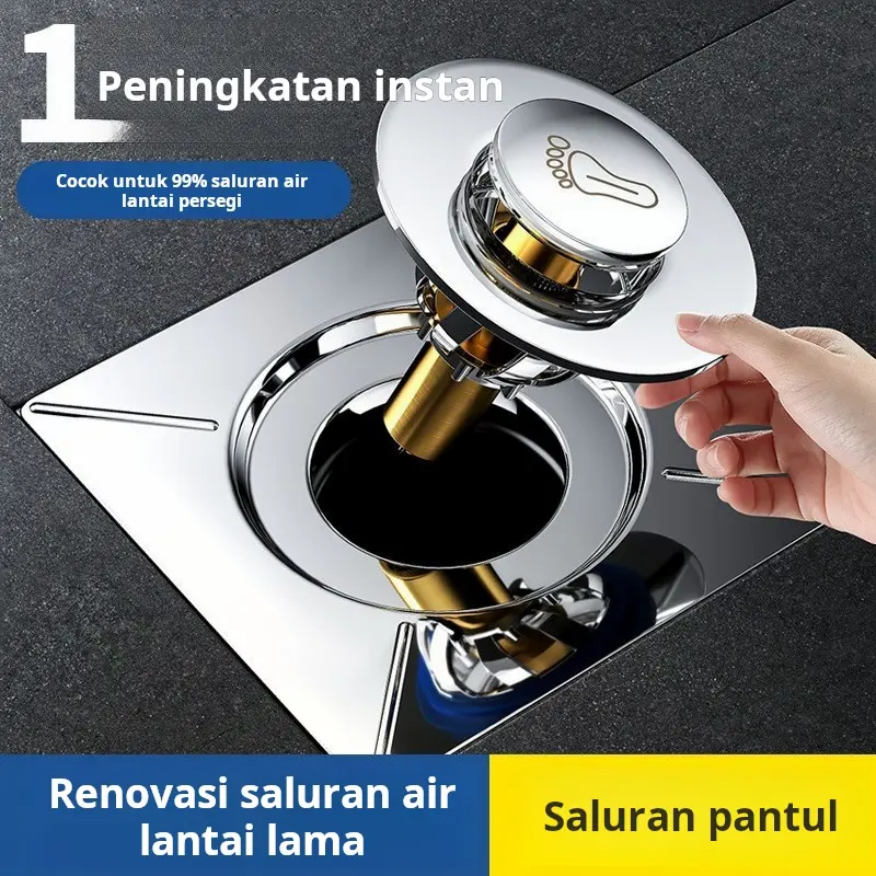 Penutup anti bau untuk saluran pembuangan kamar mandi model universal dengan inti yang dapat melompat, dilengkapi penutup kedap air, dan sistem pengoperasian dengan menekan kaki