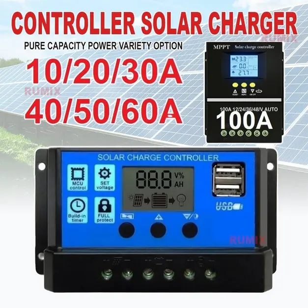 EB Solar Charge Controller LCD LED Display Solar PWM 12V/24V 10A 20A 30A 50A 60A USB Panel Surya Charge Power