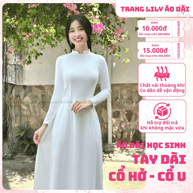 Áo dài trắng hotgirl học sinh cấp 3, CỔ VUÔNG HỞ - CỔ CHỮ U cao 2cm,  tay dài, dáng tà A truyền thống, chất liệu lụa Mỹ cao cấp, đồng phục cấp 3, chụp kỉ yếu, bigsize - Trang Lily Áo Dài