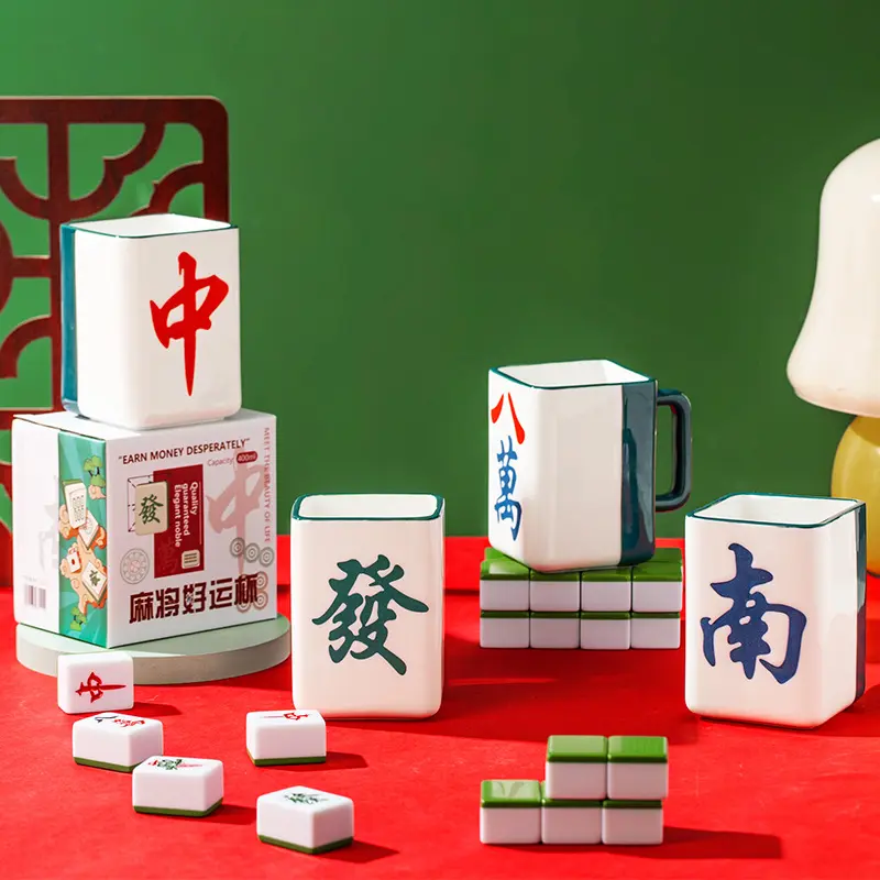Mahjong Fortune Cup Retro Chinese mug Creative design with hand gift coffee cup Water cup Household creative personality HLG200 Drinkware Reusable Washable Ceramic