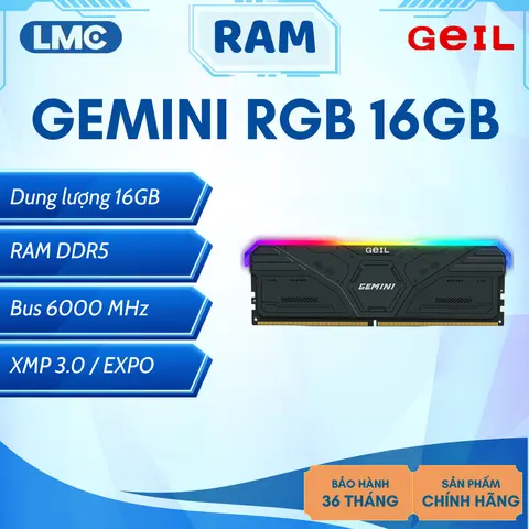 RAM DDR5 GEIL GEMINI RGB 6000MHz 16GB - Hỗ trợ XMP / Hỗ trợ EXPO - Tản đen huyền bí, thống trị cuộc chơi, bảo hành chính hãng 36 tháng