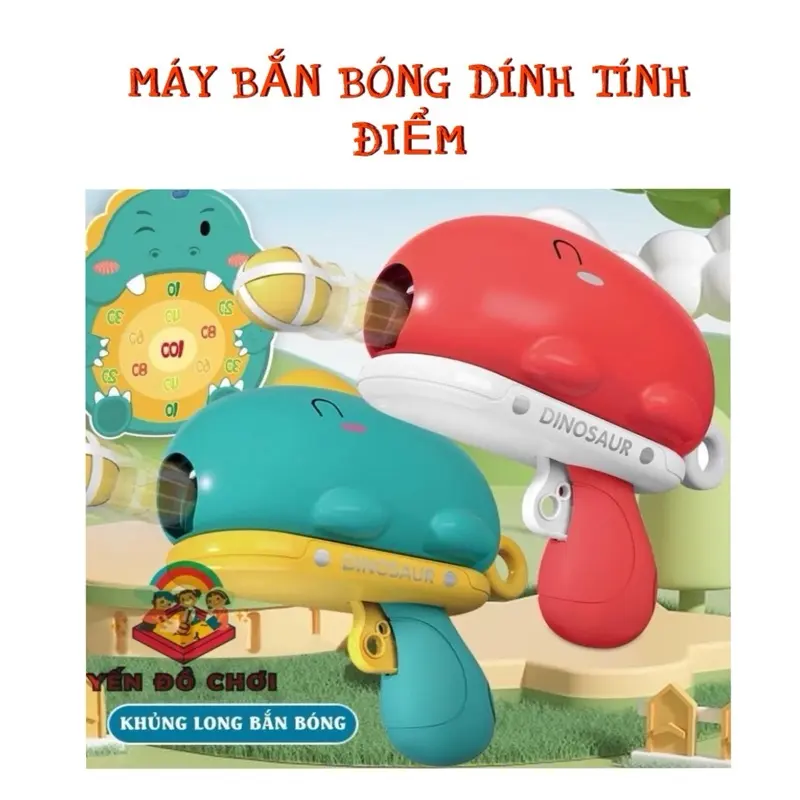 (02)Đồ chơi bắn bóng dính tính điểm hình khủng long xanh đỏ(1 máy, 6 bóng, 1 bia, miếng dính) full hộp (MẪU TRÒN) màu bóng