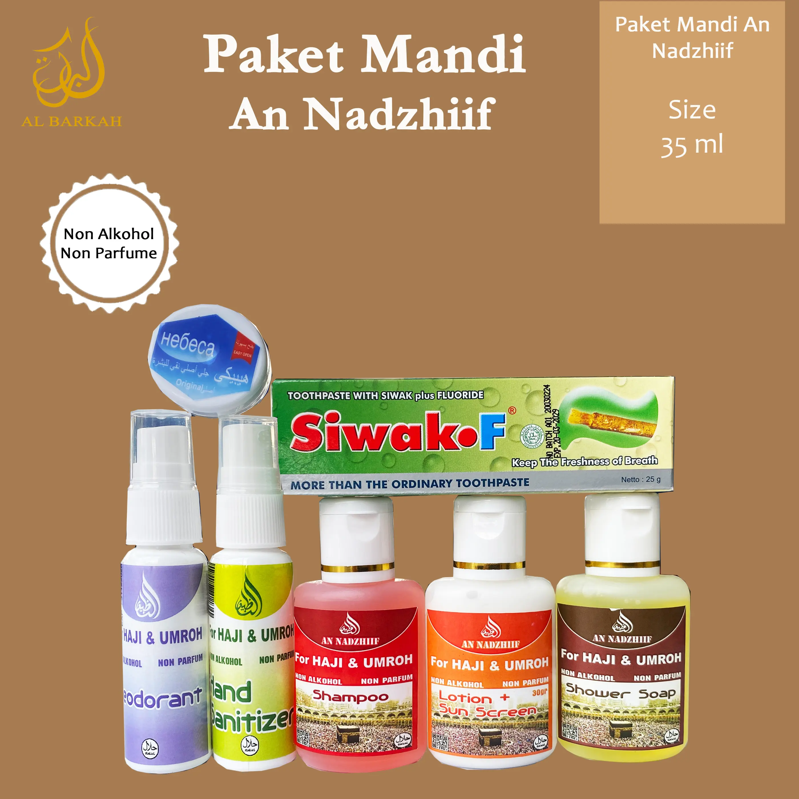 Set Perlengkapan Mandi Haji Umroh An Nadzhif 35 ML Paketan Sabun Mandi Travel Non Parfum Non Alkohol Tubuh Cair