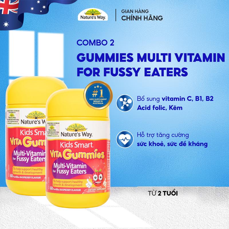 Combo 2 Hộp Kẹo Dẻo Bổ Sung Vitamin Và Khoáng Chất Gummies FUSSY EATER Kẹo Dẻo Nature's Way Kids Smart Vita Gummies Multi Vitamin for Fussy Eaters Cho Bé Hộp 60 Viên