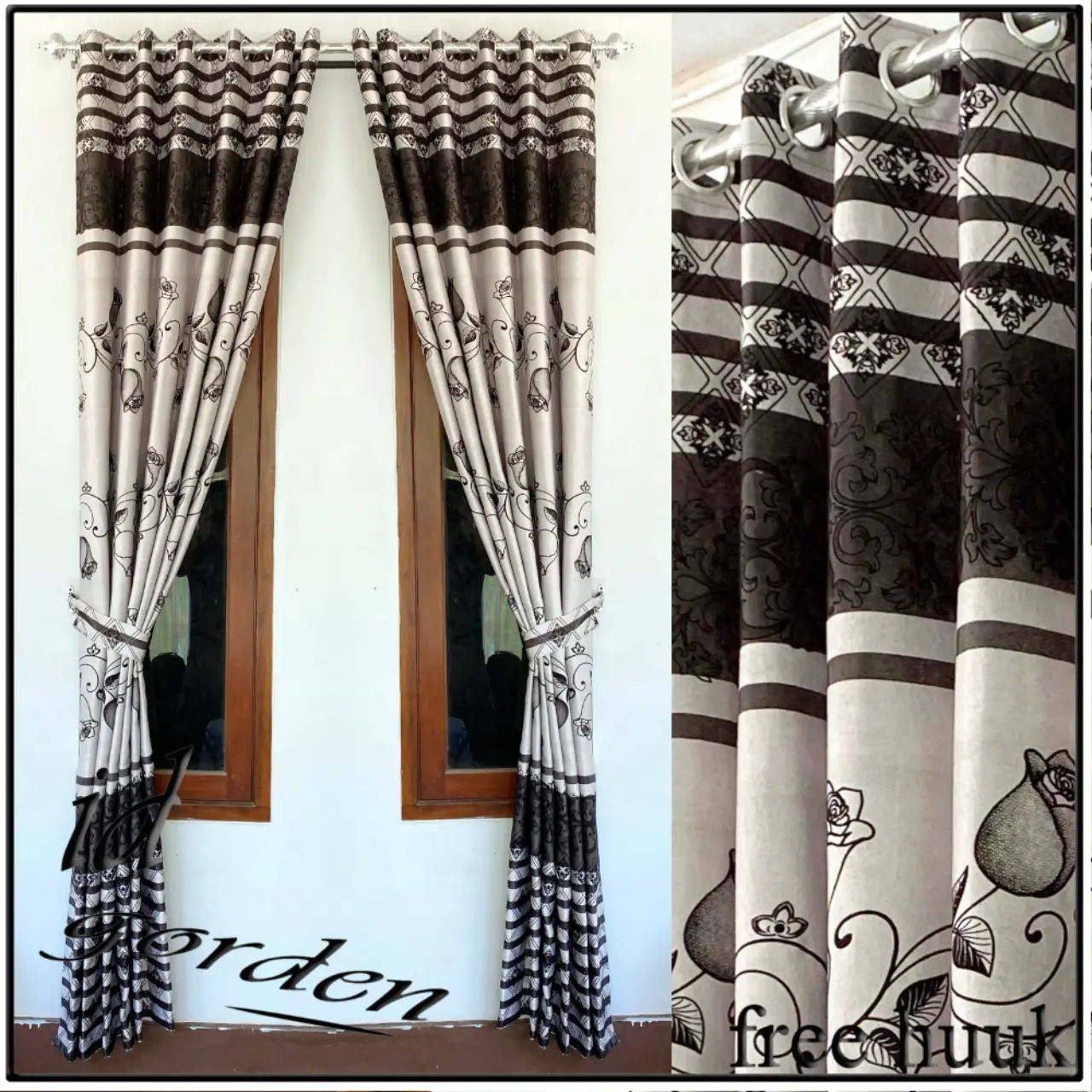 gorden jendela panjang 250cm motif batik merak black silver bahan blackout beludru super tebal  Curtain  kamar pintu rumah mewah