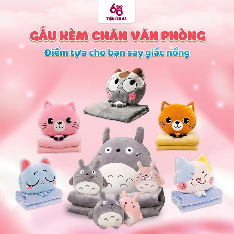 Tặng kèm quà móc dán Chăn kèm gối 3 trong 1 có mặt hình dễ thương Chăn Gối văn phòng Gối kèm chăn có ủ tay hình mèo xinh cho bé học bán trú ngủ trưa văn phòng đi du lịch tiện lợi