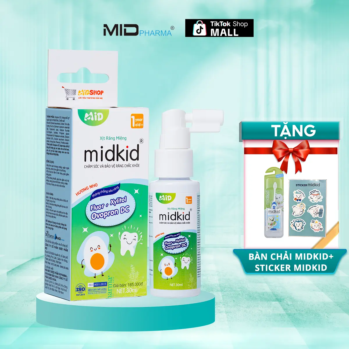 Xịt chống sâu răng Midkid chính hãng vị nho 30ml, vị táo 20ml cho bé từ 1 tuổi - Tặng Bàn chải thẳng + Sticker