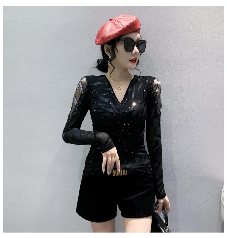 Product Introduction of FCBF-Áo lưới kim cương rỗng thời trang mới gợi cảm cổ chữ V dài tay quần lót thời trang nữ thu đông Top Voi Shirt Kem Women 19