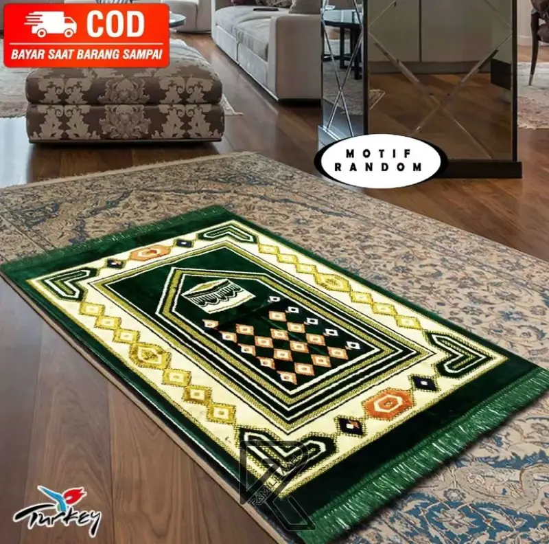 Sajadah Eklusif Motif Turki Premium Ukuran Besar 110x70cm Bahan Bulu Beludru Lembut Muslim Spigel Semi Karpet Anti Slip 5