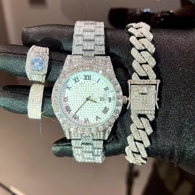   COMBO 4  Combo đồng hồ và vòng tay đính đá cuban cao cấp kèm nhẫn nam mã T4 RL 