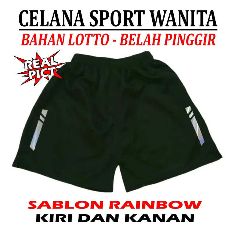 Celana Pendek Sport Olahraga Wanita Bahan Lotto Belah Pinggir Sablon Warna Rainbow 3