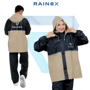 Jas Hujan/Mantel Set Hoodie Pria & Wanita Bahan Tebal, Trendy, Anti Rembes, Press Sealer By Rainex
