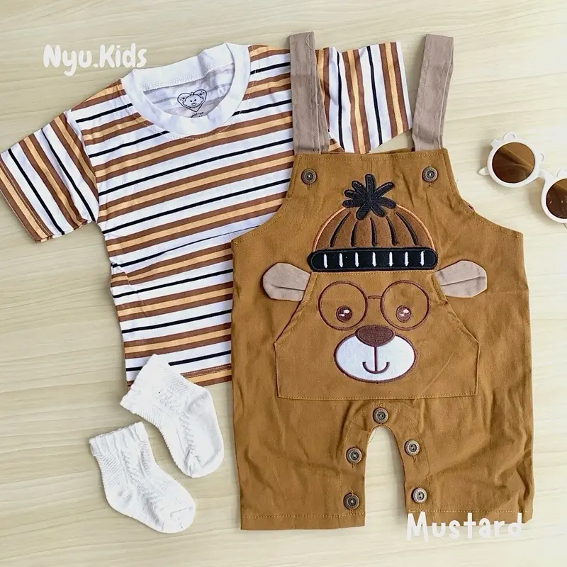 Nyukids - Overall SET Glasses Bear 5bulan - 18bulan / One Set Setelan / Baju Bayi Cowok/ Bahan Adem dan Nyaman 1
