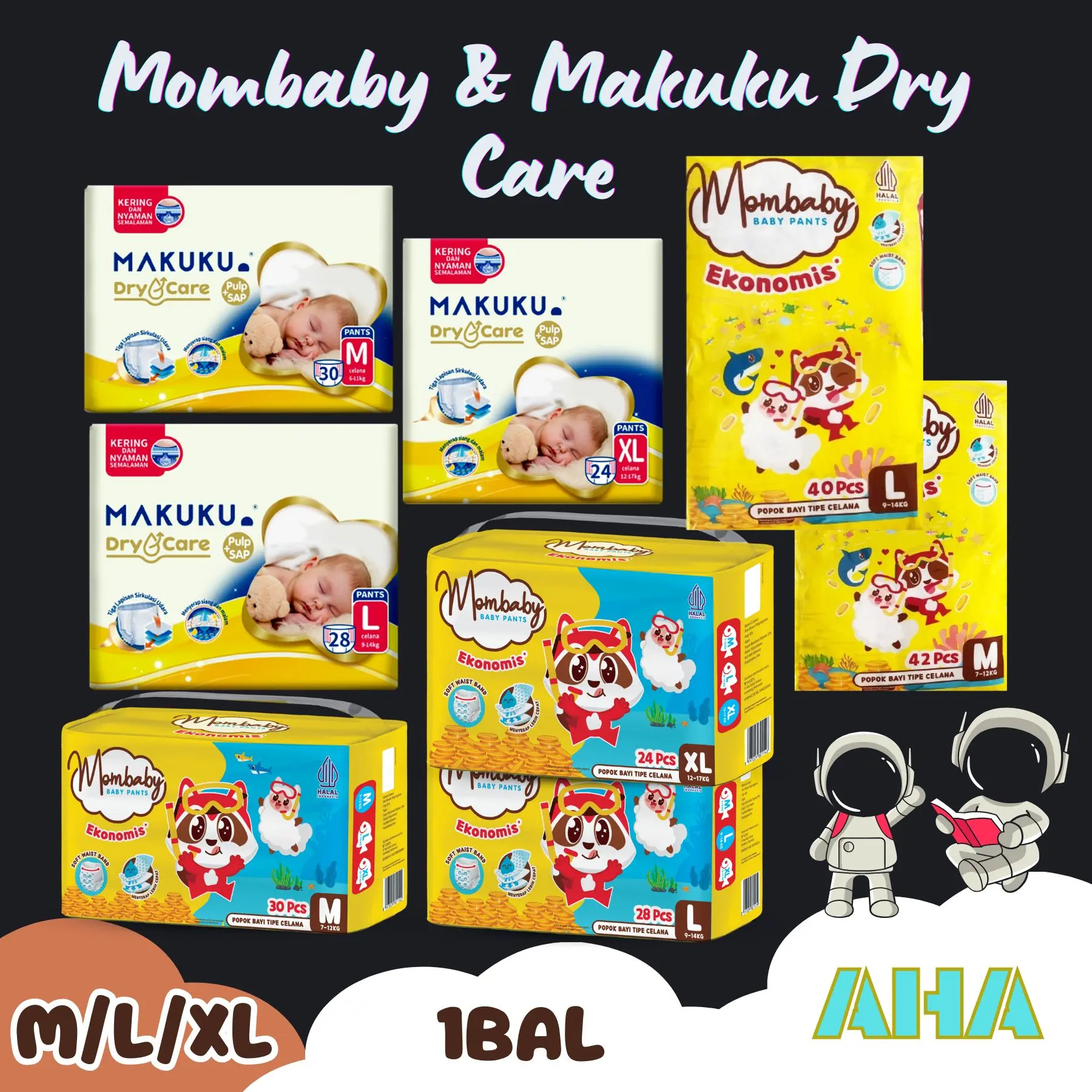 [2 BAL] MOMBABY EKONOMIS & MAKUKU DRY CARE DIAPERS PANTS