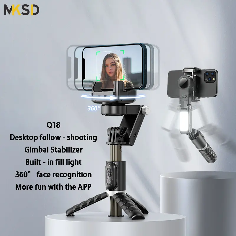 Q18 Desktop Gimbal Stabilizer Fill Light Selfie Stick Bluetooth Tripod Phone Holder Tripe for HUAWEI Xiaomi IPhone
