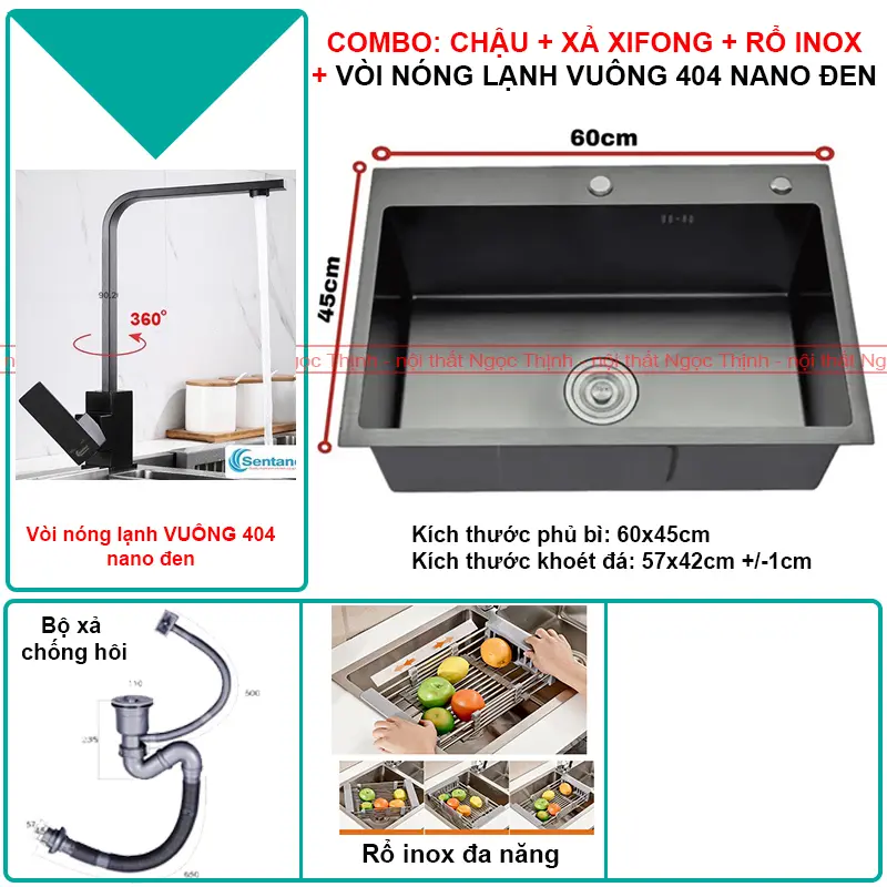Chậu rửa chén bát inox sus304 SENTANO NANO ĐEN 60x45cm chống trầy xước cao cấp tặng kèm rổ đa năng 7
