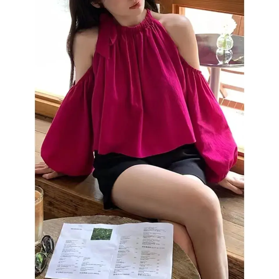 NEW GRIDIA Atasan Wanita Blouse Halter Neck Serut Leher Crop Top Lengan Panjang Ellegant bahan katun Remaja Cantik