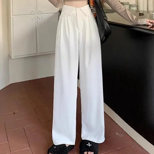 celana setelan kerah Celana setelan hitam wanita Celana wanita gaya korea celana lurus kaki lebar pinggang tinggi Panjang Standar Putih Polyester 7