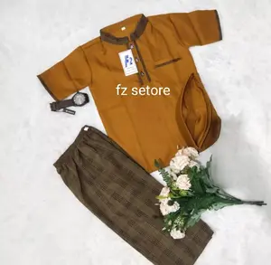 stelan baju koko anak lengan pendek usia 1-13th (koko kotak) Muslim Nyaman Panjang Setelan Toyobo