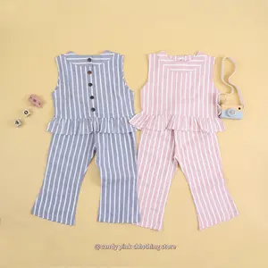 Candy Pink Ziggy Stripe Setelan Katun Salur Fashion untuk Anak Perempuan Usia 1-8 Tahun Denim