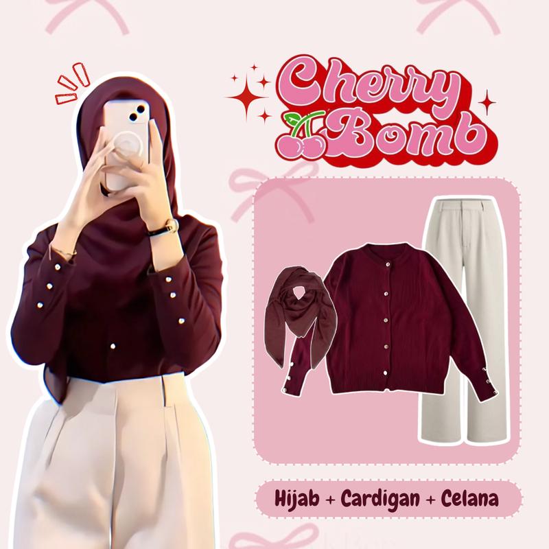 One Set Wanita Setelan Kekinian (Cardigan Rajut + Celana Knit + Hijab) OOTD Feminine Girl - DS082 N  Panjang Casual Oversize 1