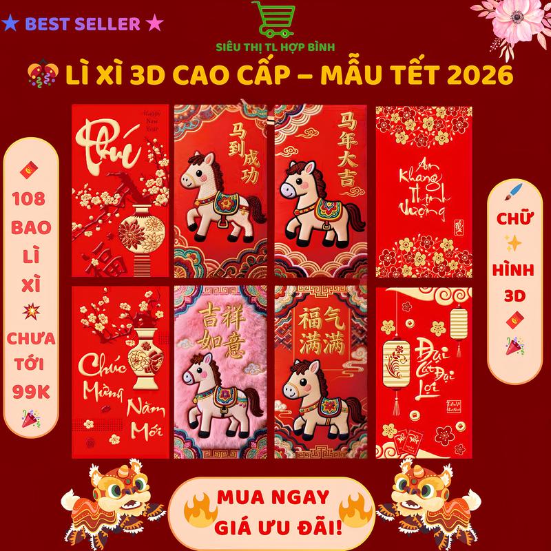 Bao Lì Xì 3D Ánh Vàng Tết 2026 Cao Cấp - Giấy Dày Sang Trọng Mẫu Mới Hot Trend Chữ In 3D Siêu Đẹp