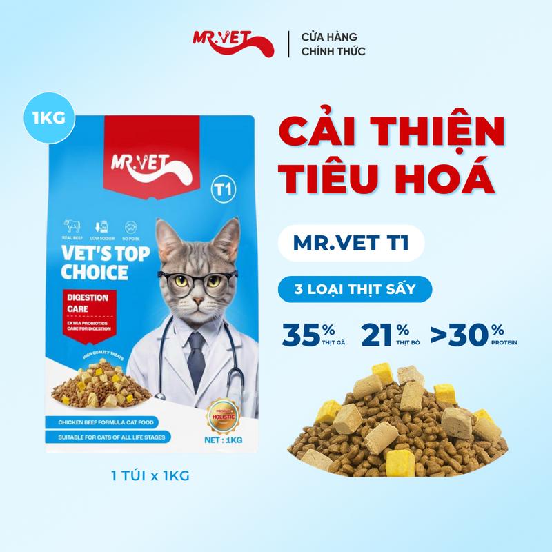 [THỨC ĂN CHO MÈO] Hạt Holistic Mr.Vet Thế hệ T1 Túi 1kg cho mèo con, mèo trưởng thành với 30% protein có topping thịt và xương tươi, gan gà và lòng dỏ trứng sấy khô