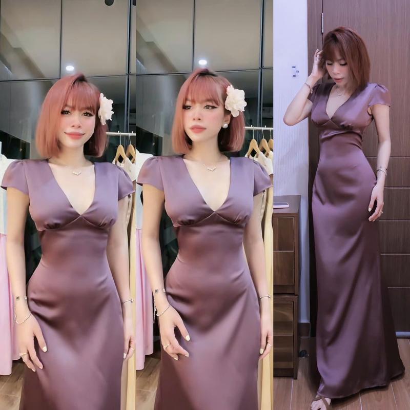 ĐẦM LỤA có tay, nhún v1, có khóa kéo bên hông, dáng đuôi cá nhẹ, vải lụa tô châu ( Mã 7480 )