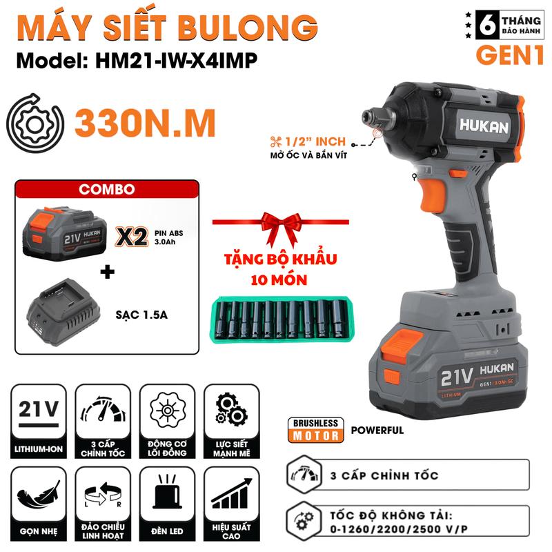 Máy Bulong Hukan X4 IMP - Tặng Bộ Khẩu 10 Món Không Chổi Than Chân Pin Phổ Thông Lực Siết 330N.m Chính Hãng Hukan