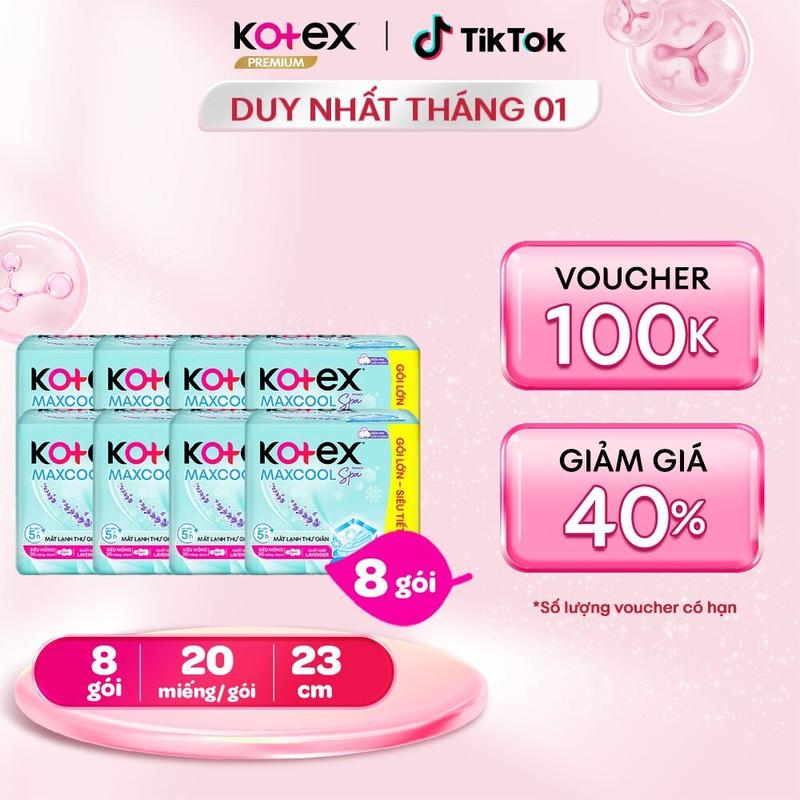   QUÀ TẶNG HOT  8 gói băng vệ sinh nữ Kotex Maxcool French Spa ban ngày 23cm Siêu Mỏng Cánh 20 miếng gói Mặt bông Thấm hút tốt Chống tràn Khử mùi mát lạnh êm bvs kinh nguyệt nhiều miễn phí vận chuyển chính hãng tampon. 
